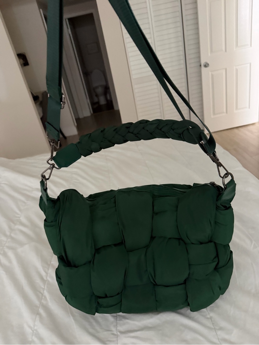Anthropologie Dark Green Padded Woven Shoulder Bag